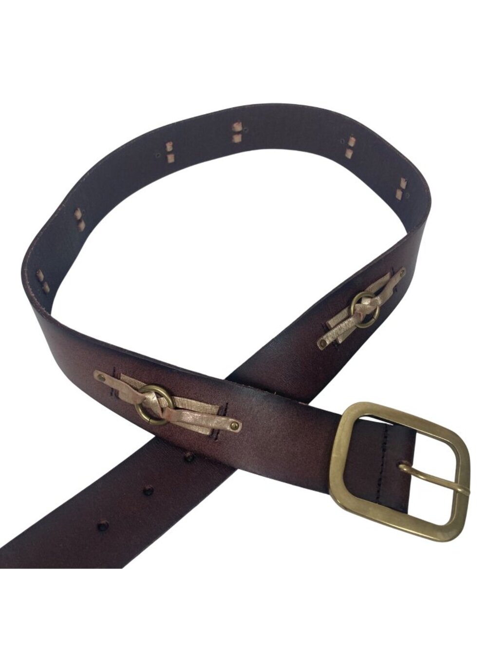 Linea Pelle Brown Leather Belt Small Gold Accents Big Brass Buckle Boho Western